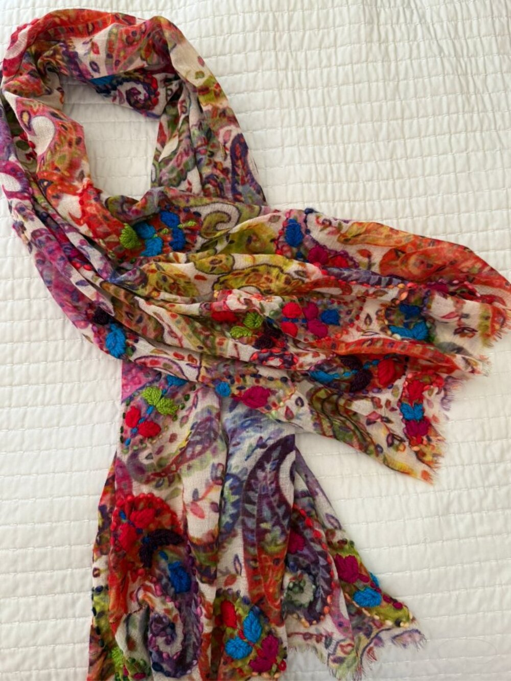 Anthropologie Sheer Colorful Paisley Embroidered Scarf